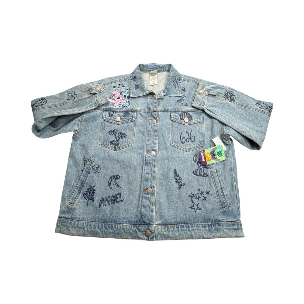 Disney Denim Jacket Womens L Blue Stitch Angel 626 Light Wash Embroidered Doodle - Picture 14 of 14